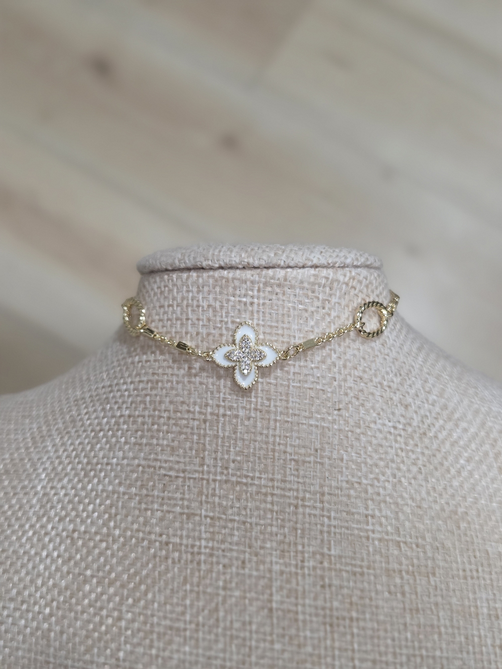 Gold and White Floral Pendant Clover Bracelet - Women Jewelry - Picture 4 of 4